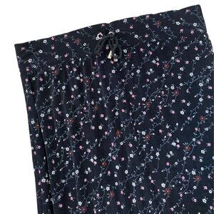 Vintage 90s Petite Large Black Micro Floral Print Polyester Drawstring Maxi Skir